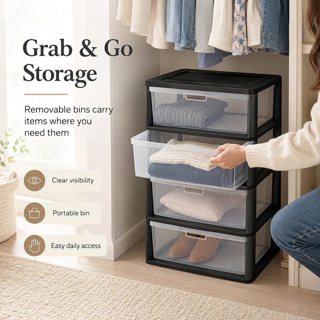 4 Drawer Black Plastic Storage Tower I13981
