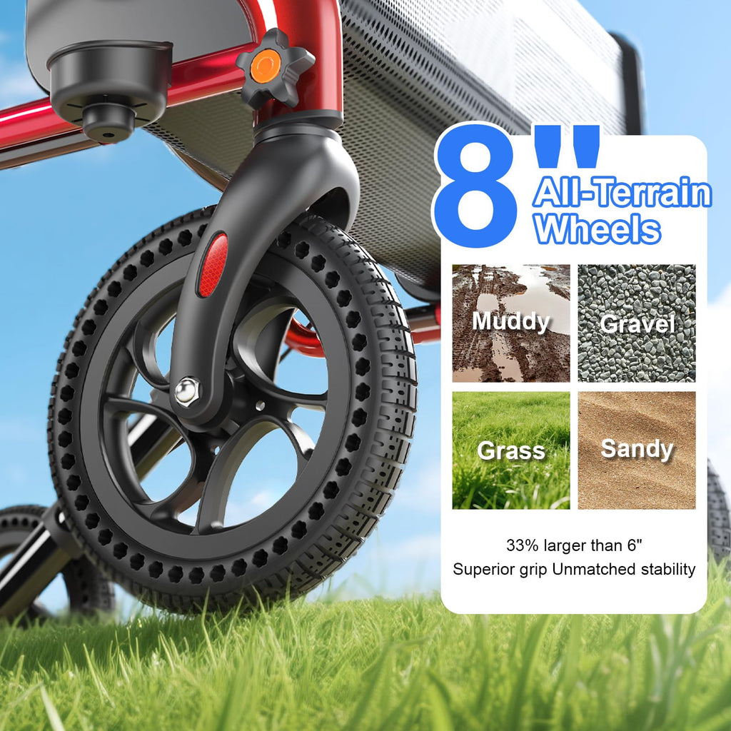 Red 8" All-Terrain Rollator Walker C4449