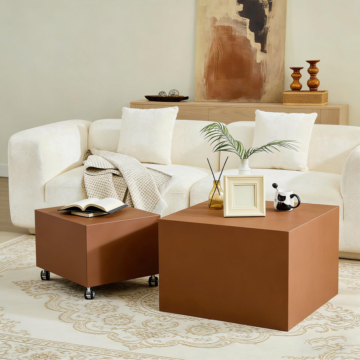 Brown Rolling Leather Coffee Table Set of 2 N574