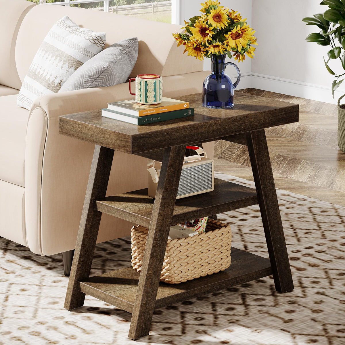 3-Tier Wooden Sofa Side Table with Trapezoid Legs Z24666