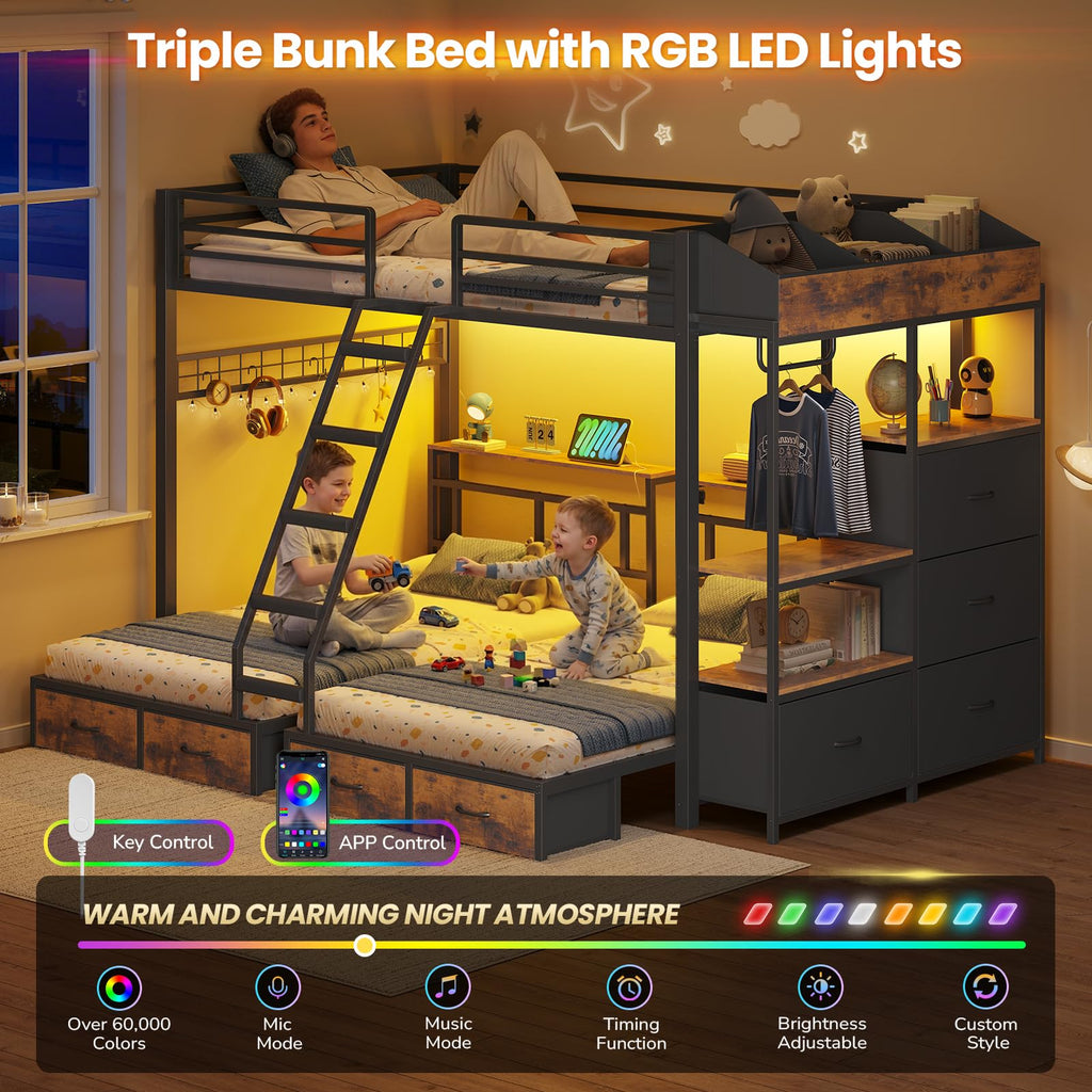 Black Triple Bunk Bed with 8 Storage Drawers and Stair U27831