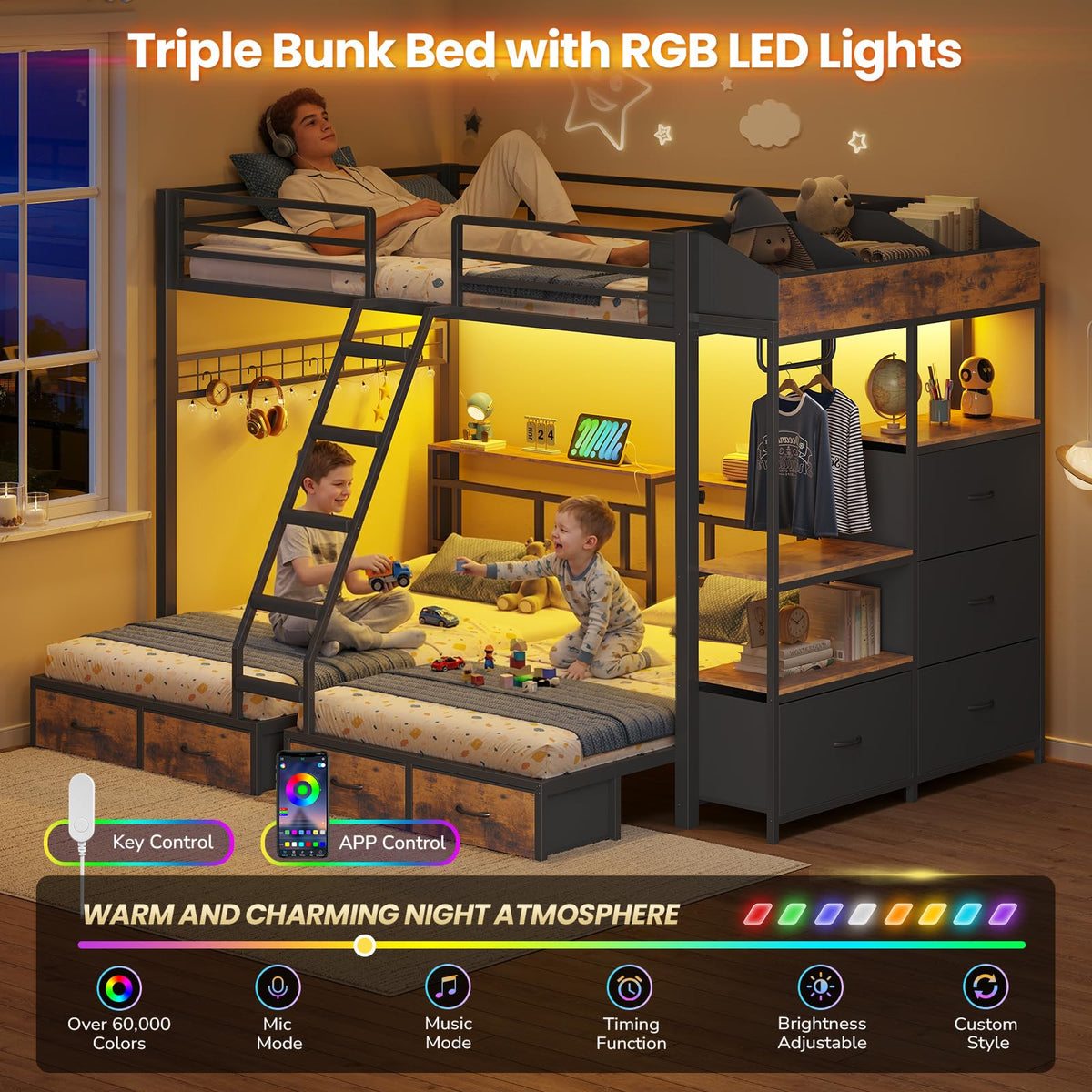 Black Triple Bunk Bed with 8 Storage Drawers and Stair U27831