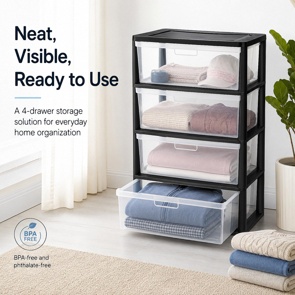 4 Drawer Black Plastic Storage Tower I13981