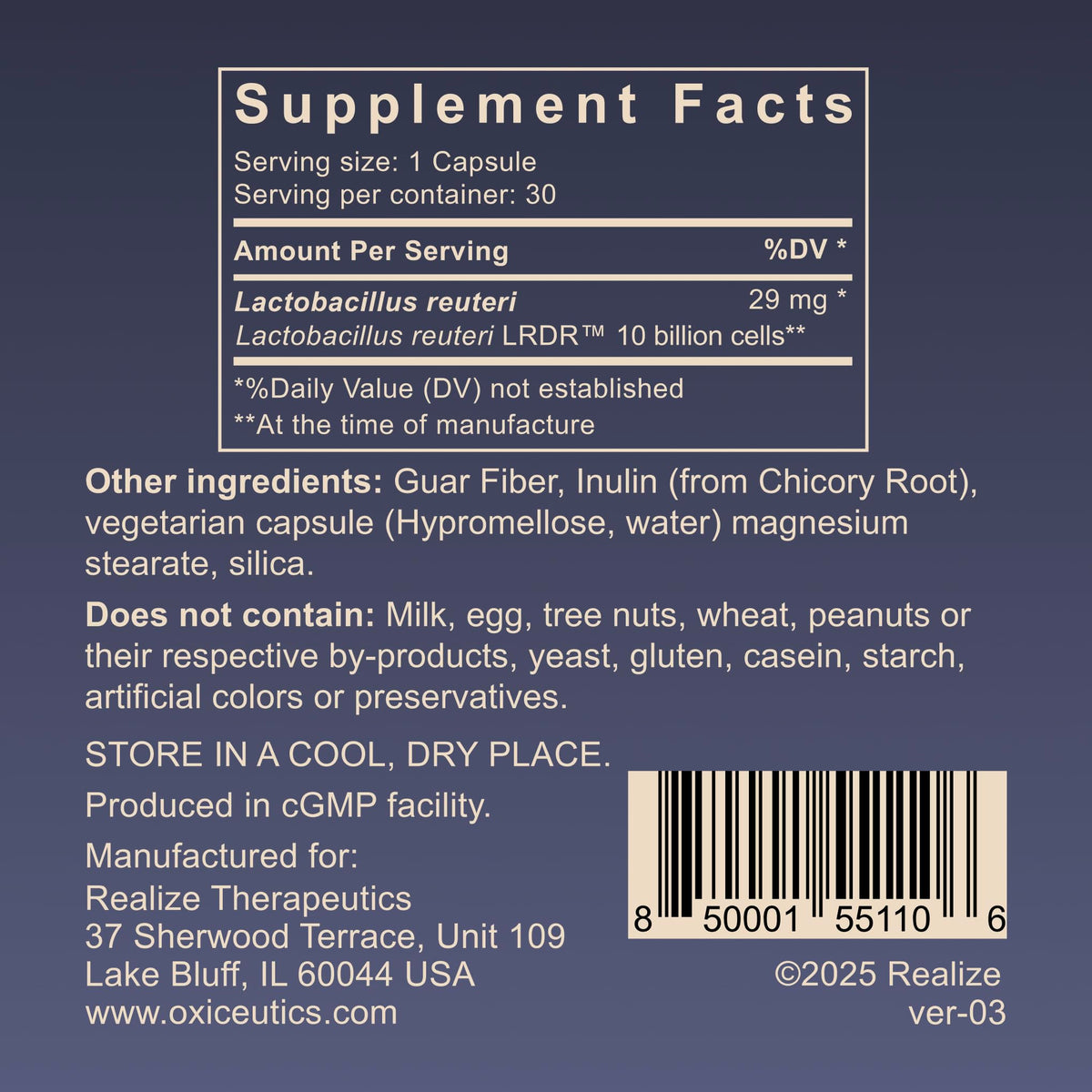 10 Billion CFU L. reuteri Probiotic with FOS Prebiotic 30 Veg Capsules G91251
