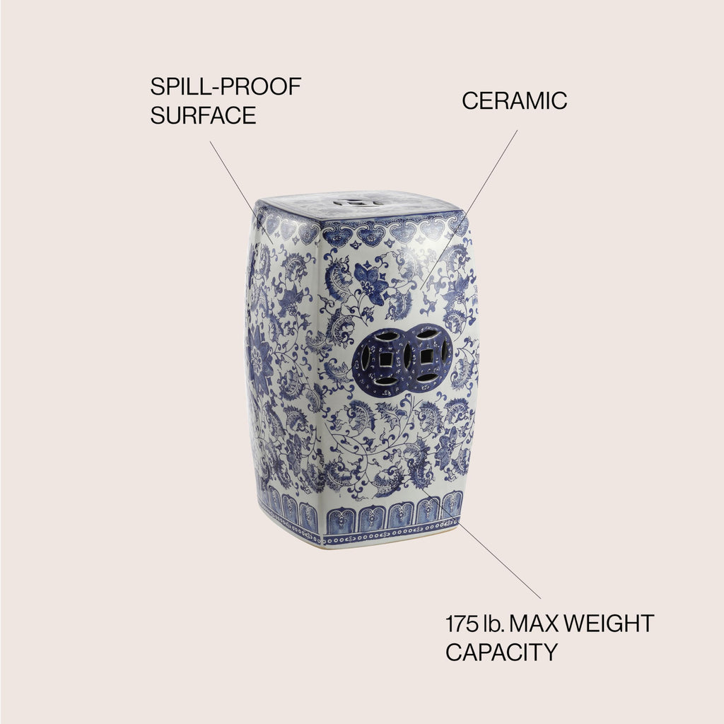 Blue White Ceramic Square Garden Stool U324362