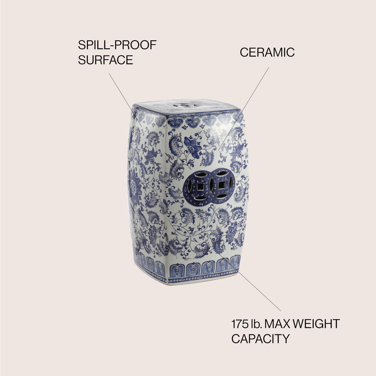 Blue White Ceramic Square Garden Stool U324362