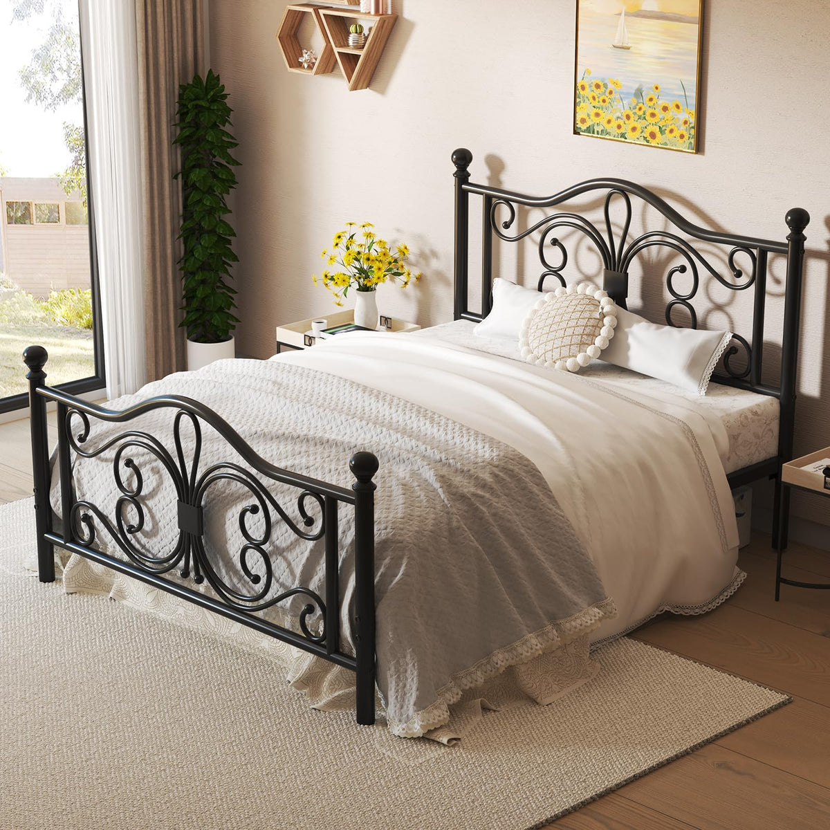 Black Full Bed Frame with Butterfly Pattern Headboard & Footboard P72366