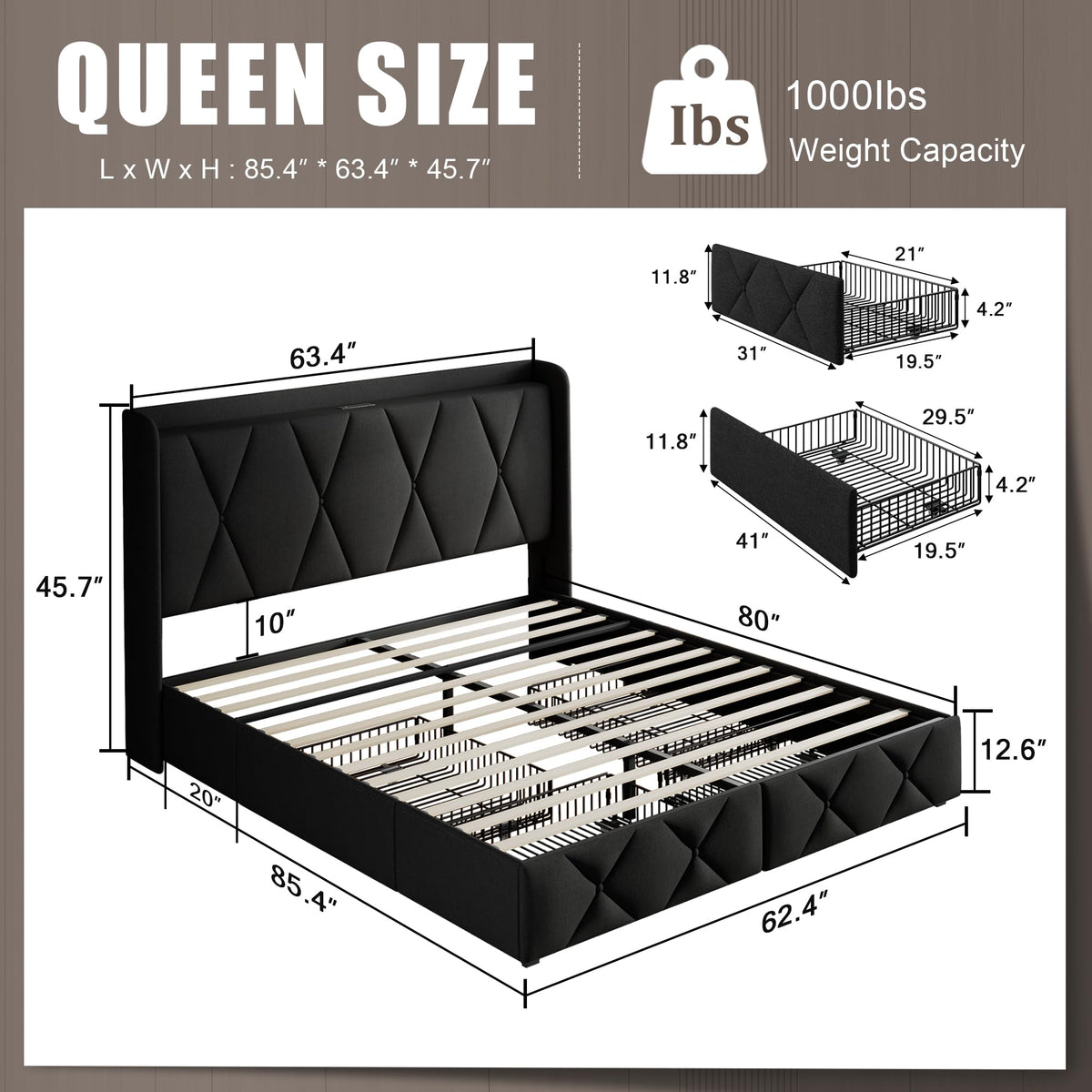 Queen Bed Frame with 4 Storage Drawers and Charging Station Q858550