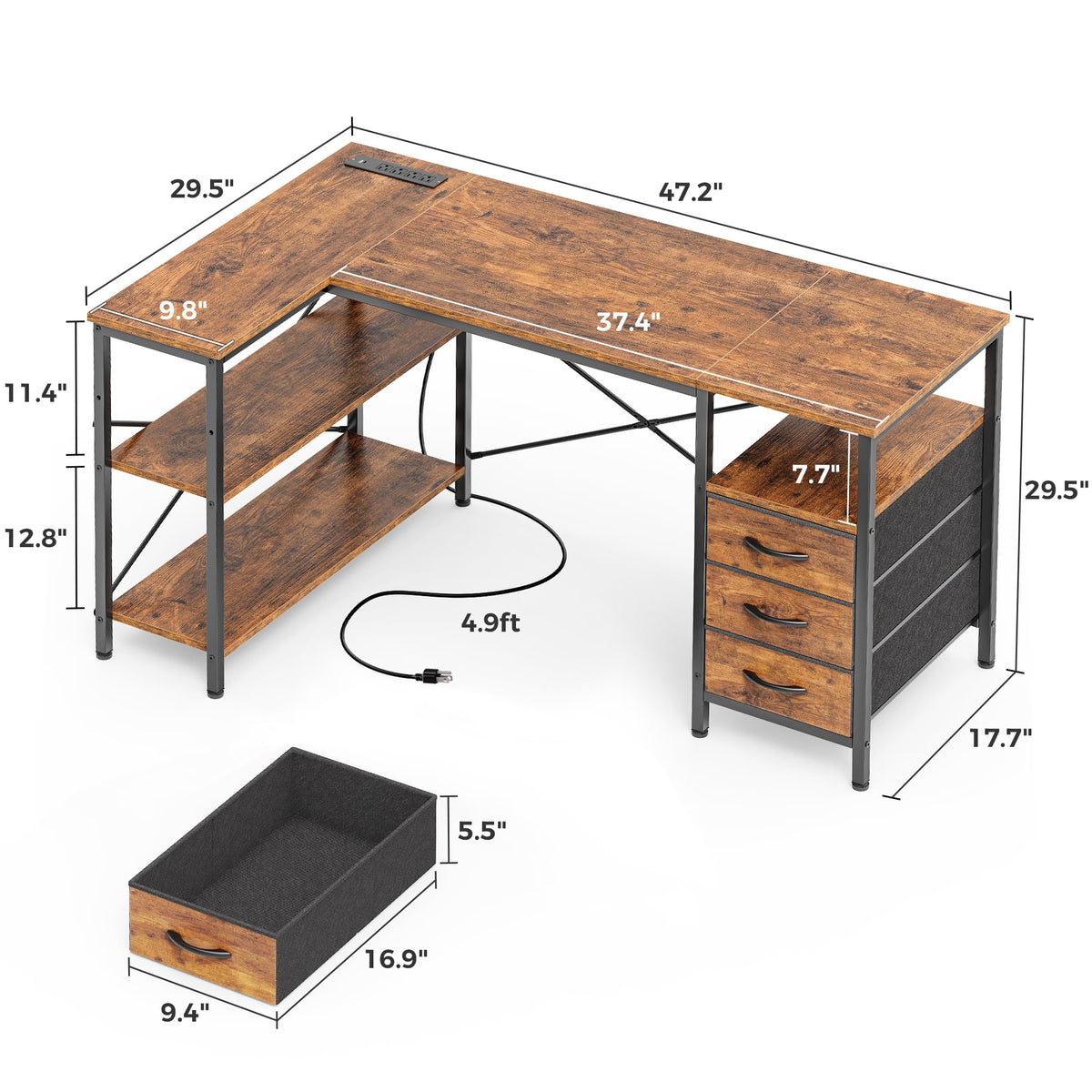 L Shaped Office Desk with Power Outlets & 3 Drawers E2965