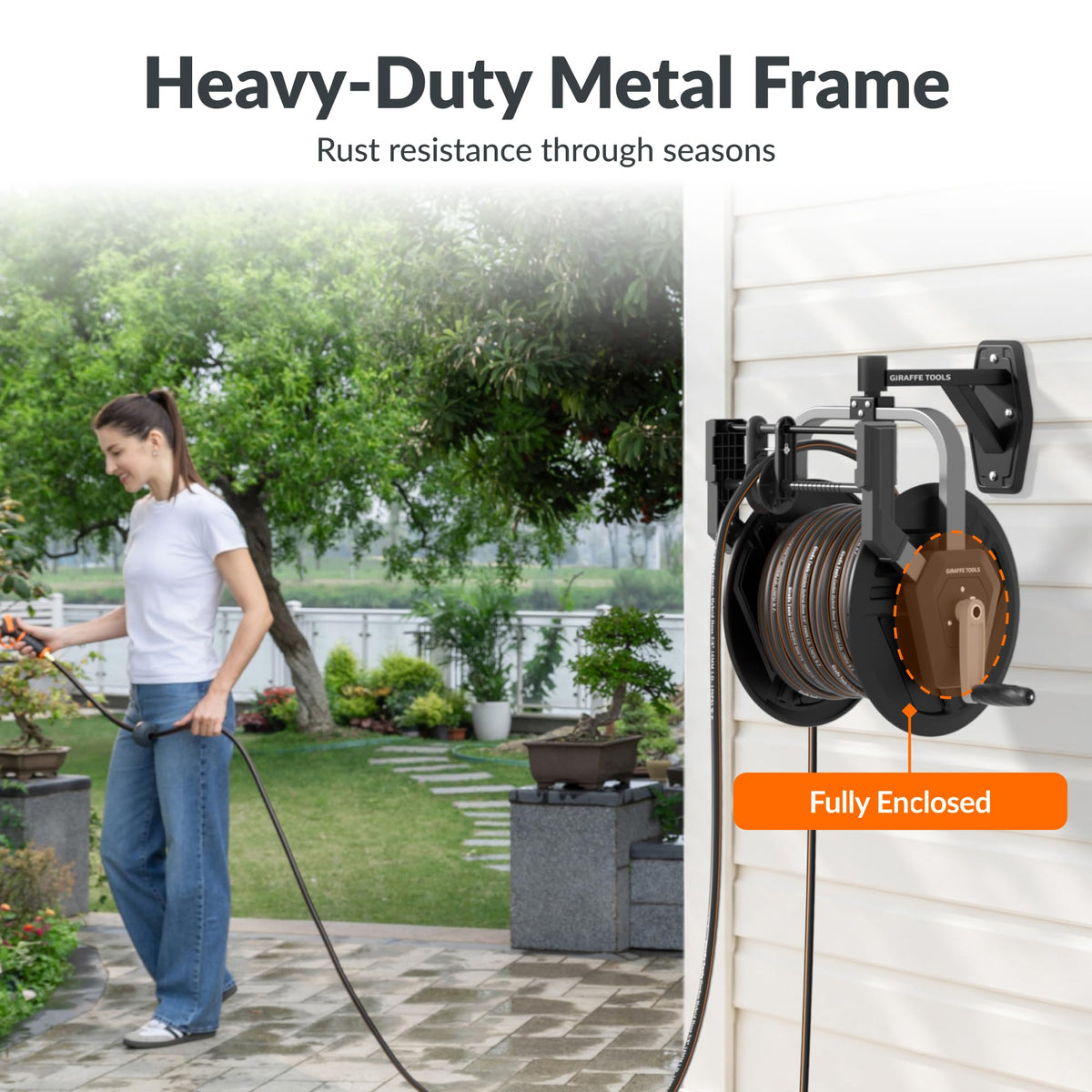 Garden Hose Reel Wall Mount, 125FT 5/8" Hose Capacity, Heavy Duty with Crank G14056