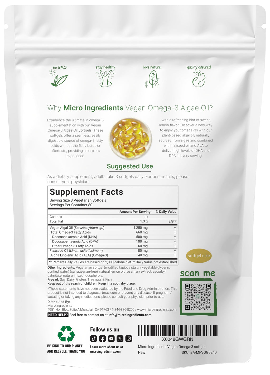 Vegan Omega 3 Algae Oil 240 Veggie Softgels DHA 500mg DPA 100mg Lemon Flavored V3584