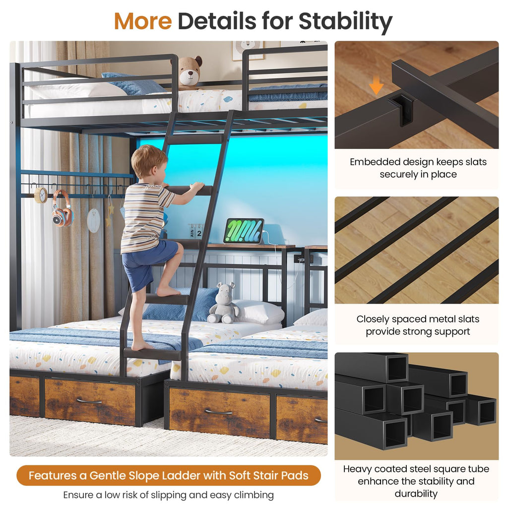Black Triple Bunk Bed with 8 Storage Drawers and Stair U27831