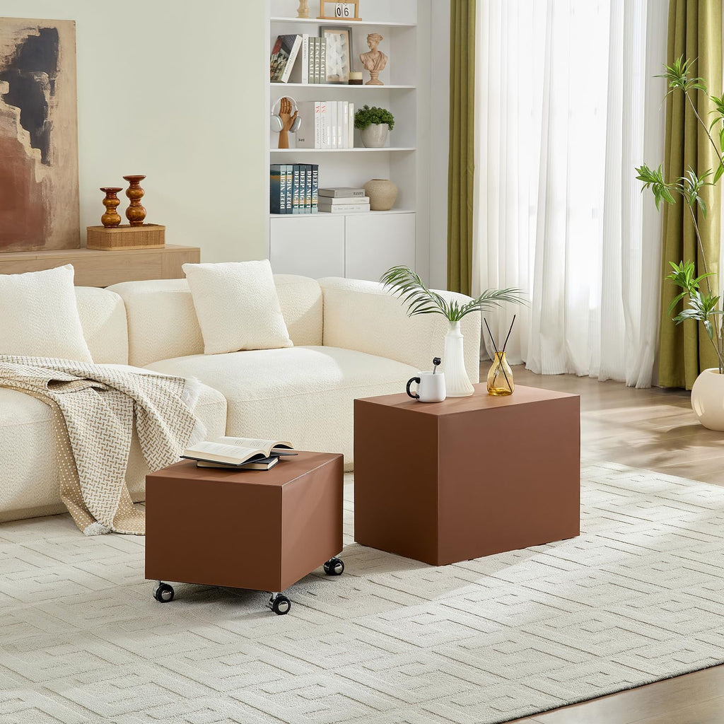Brown Rolling Leather Coffee Table Set of 2 N574