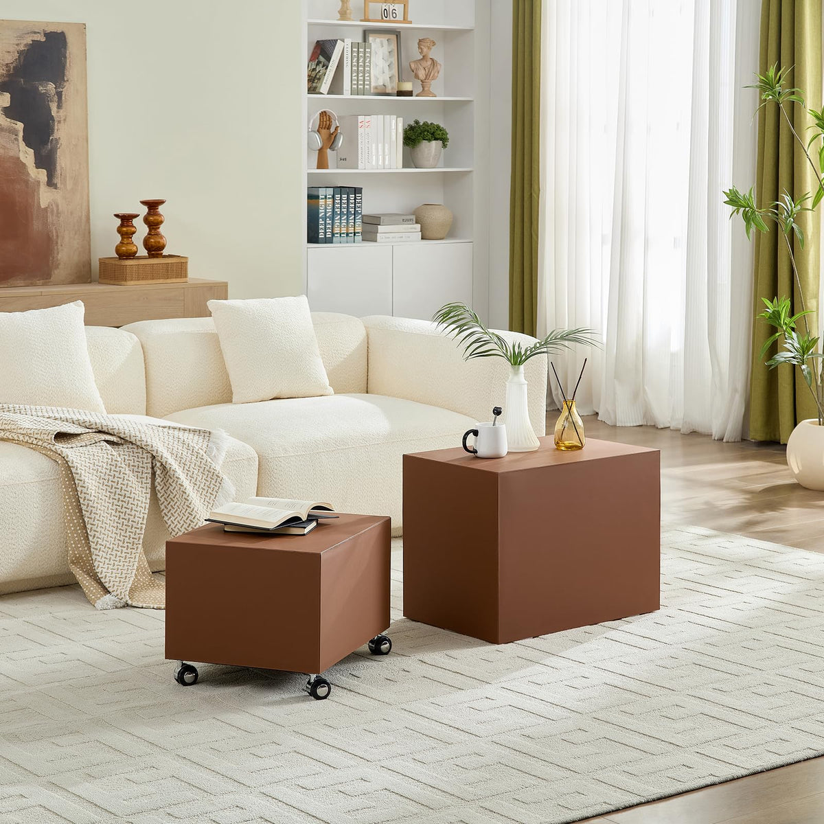 Brown Rolling Leather Coffee Table Set of 2 N574