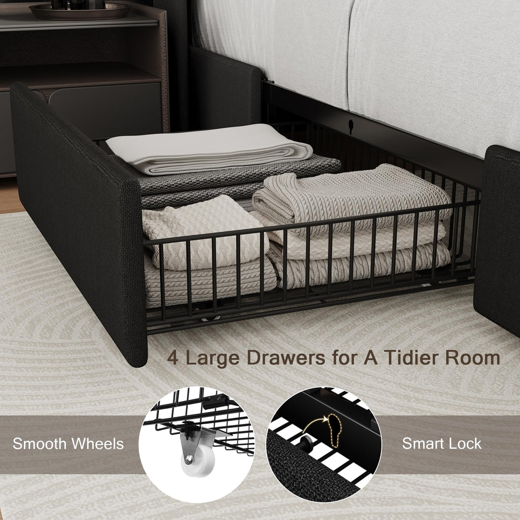 Queen Bed Frame with 4 Storage Drawers and Charging Station Q858550