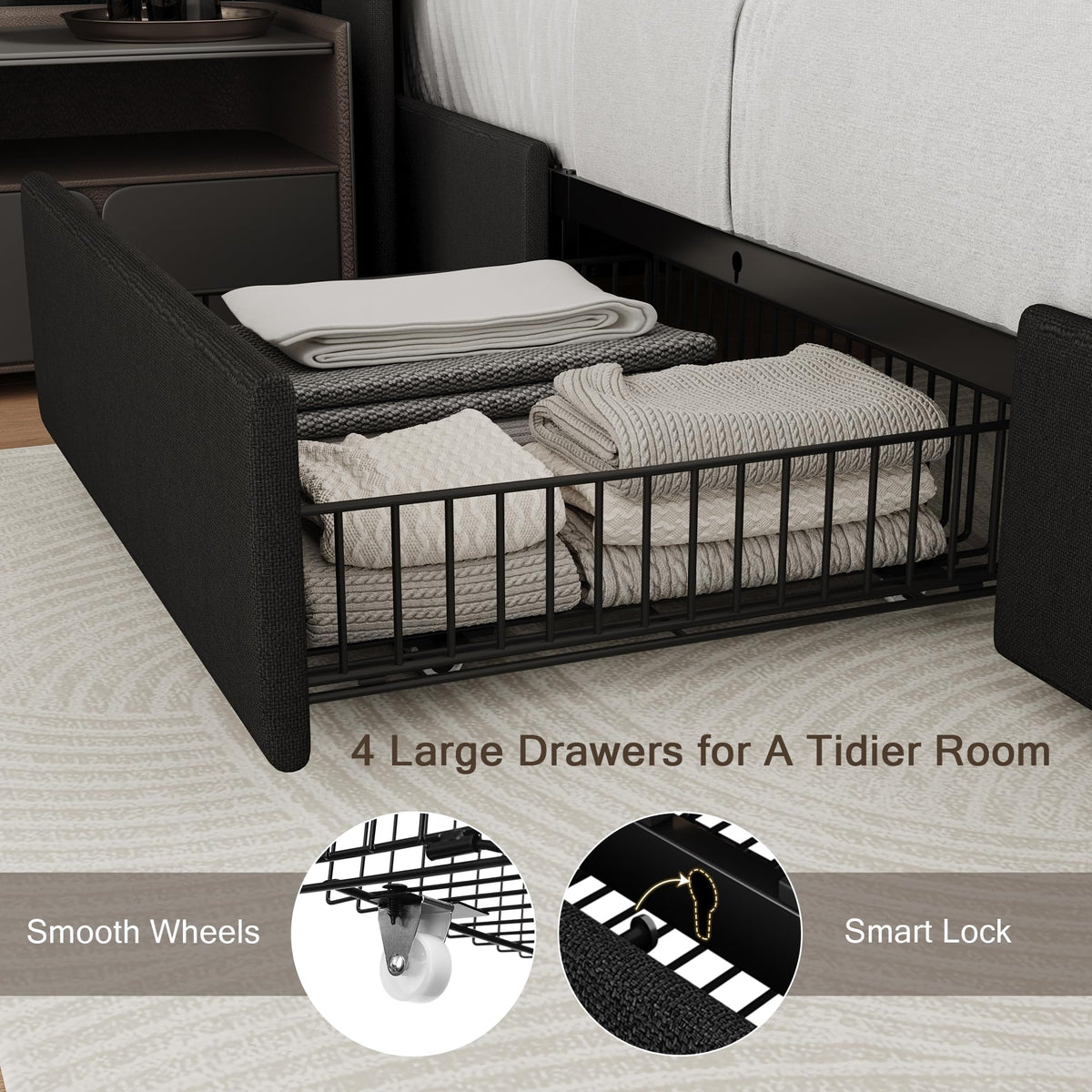 Queen Bed Frame with 4 Storage Drawers and Charging Station Q858550