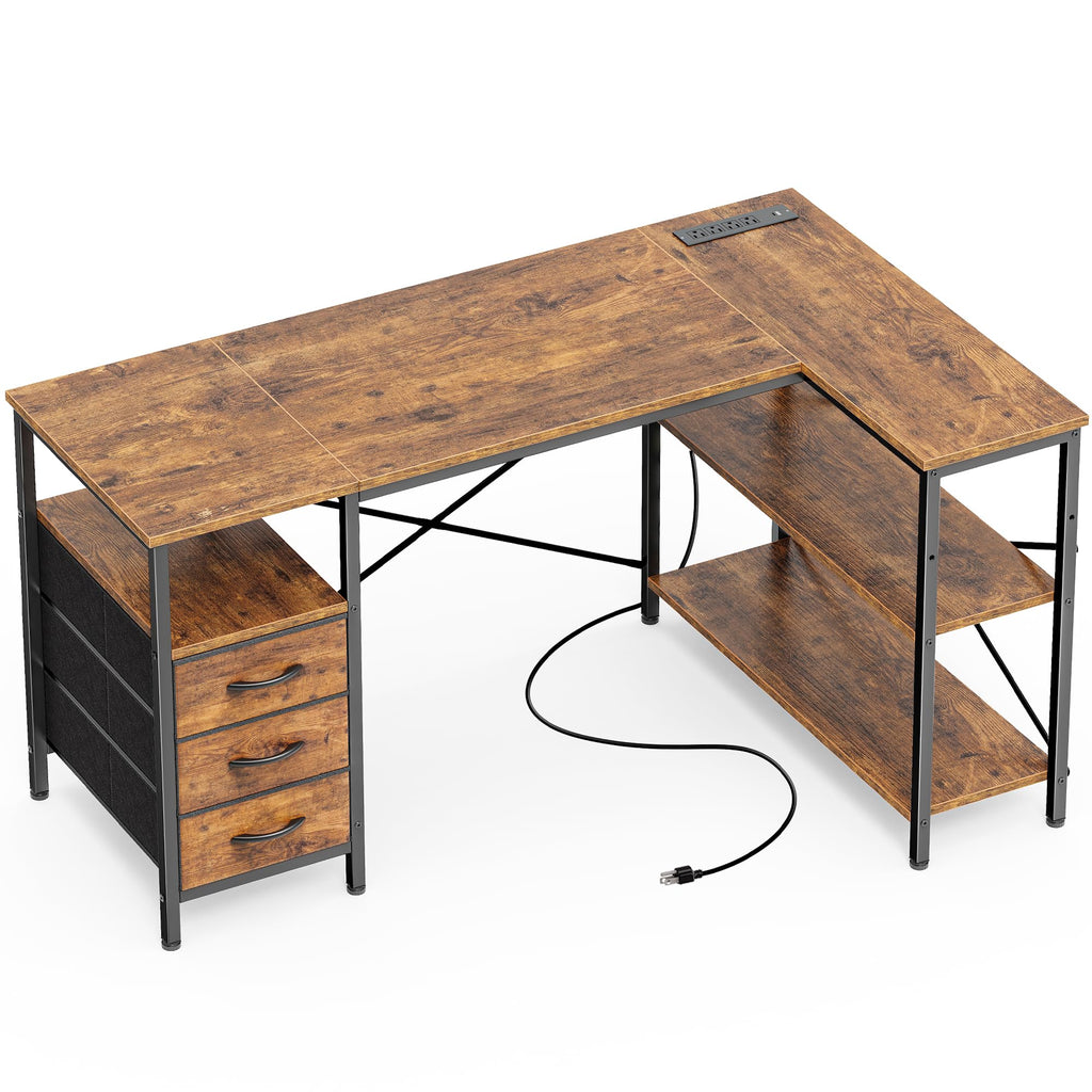 L Shaped Office Desk with Power Outlets & 3 Drawers E2965