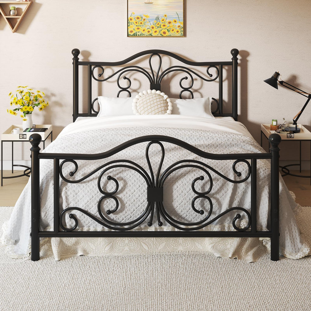Black Full Bed Frame with Butterfly Pattern Headboard & Footboard P72366