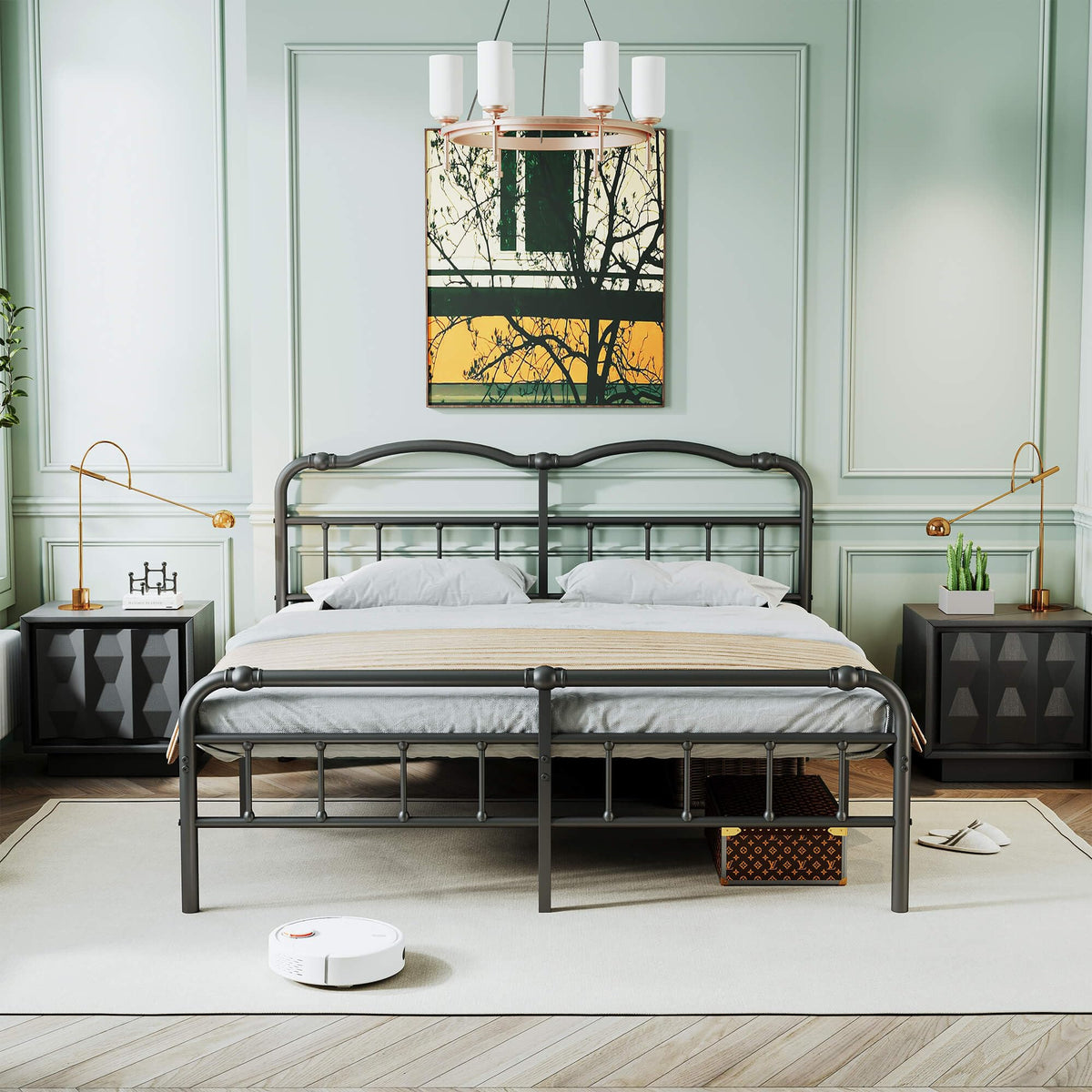 Queen Size Black Metal Platform Bed Frame with Headboard E70812