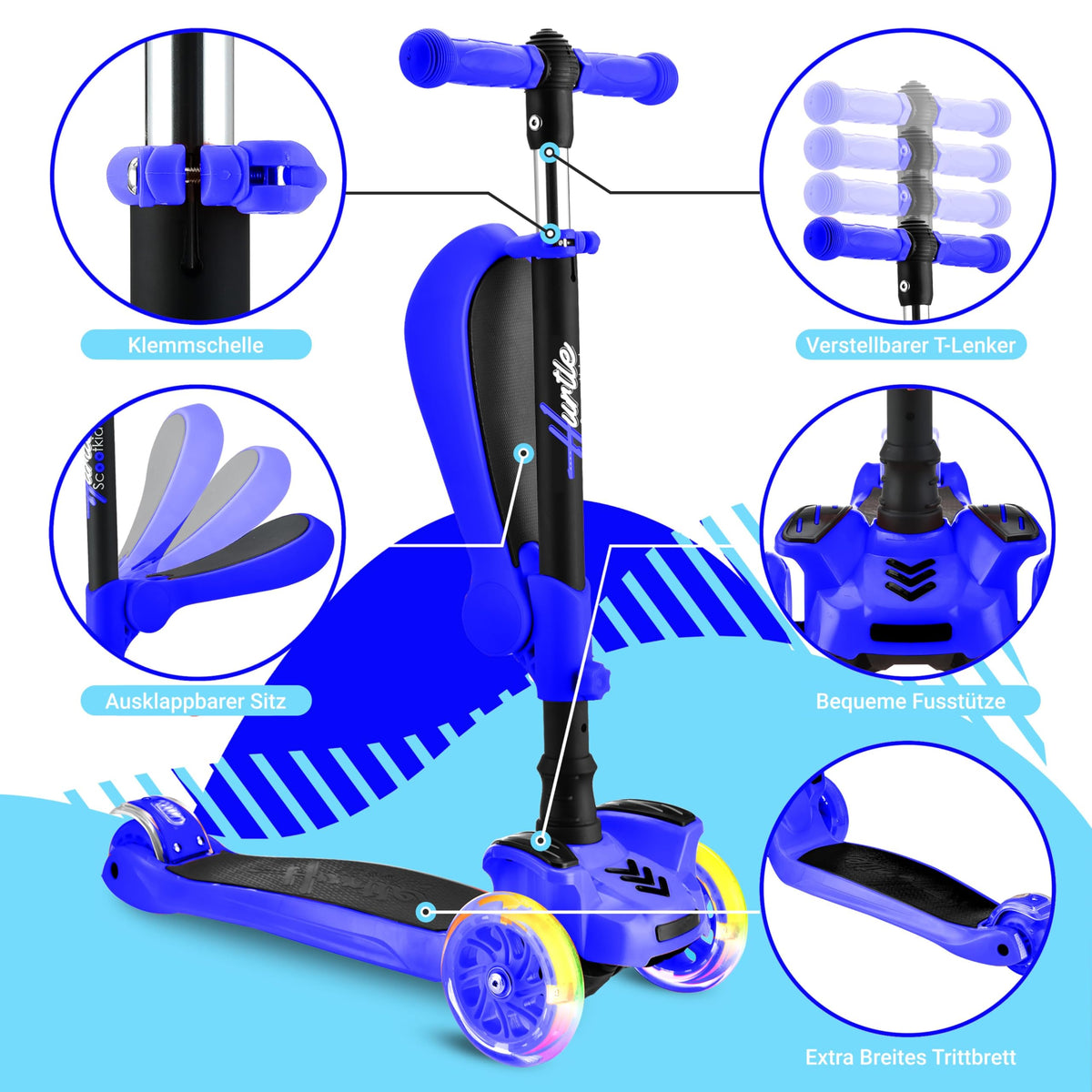 3-Wheeled Scooter with LED Lights, Adjustable Handlebar, and Foldable Seat D677366