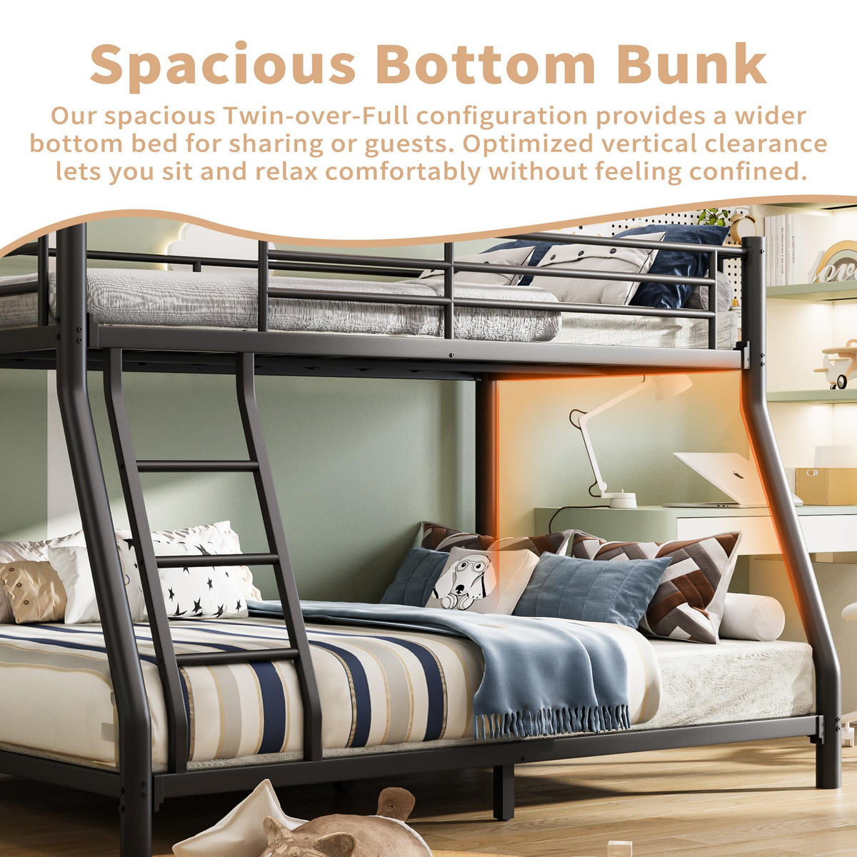 Twin Over Full Metal Bunk Bed with Guardrail and Ladder T3116