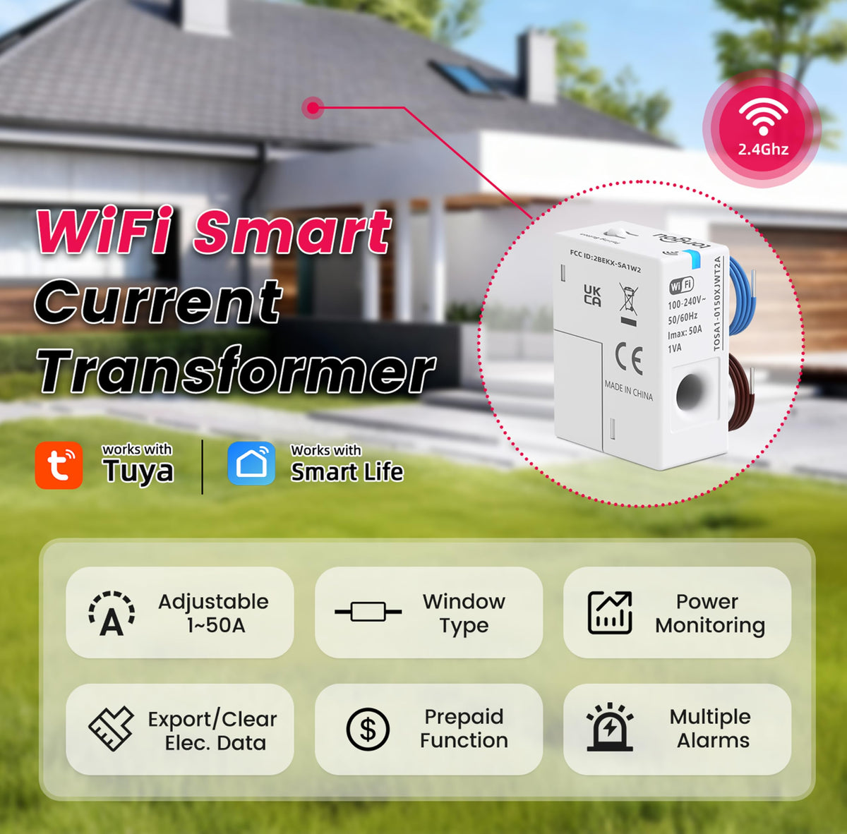 WiFi Smart Home Energy Monitor 1-50A 100-240VAC Current Transformer M869279