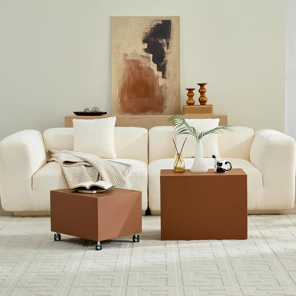 Brown Rolling Leather Coffee Table Set of 2 N574