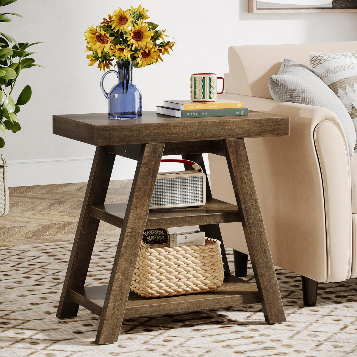 3-Tier Wooden Sofa Side Table with Trapezoid Legs Z24666