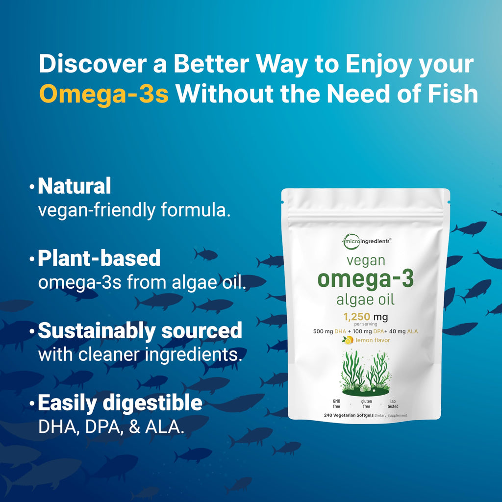 Vegan Omega 3 Algae Oil 240 Veggie Softgels DHA 500mg DPA 100mg Lemon Flavored V3584