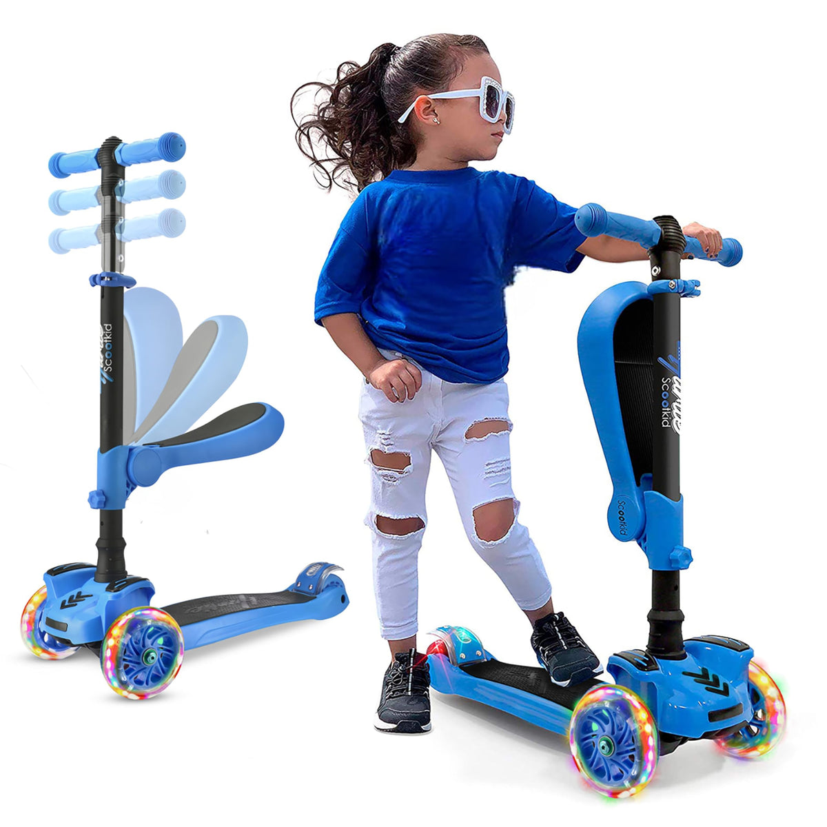 3-Wheeled Scooter with LED Lights, Adjustable Handlebar, and Foldable Seat D677366