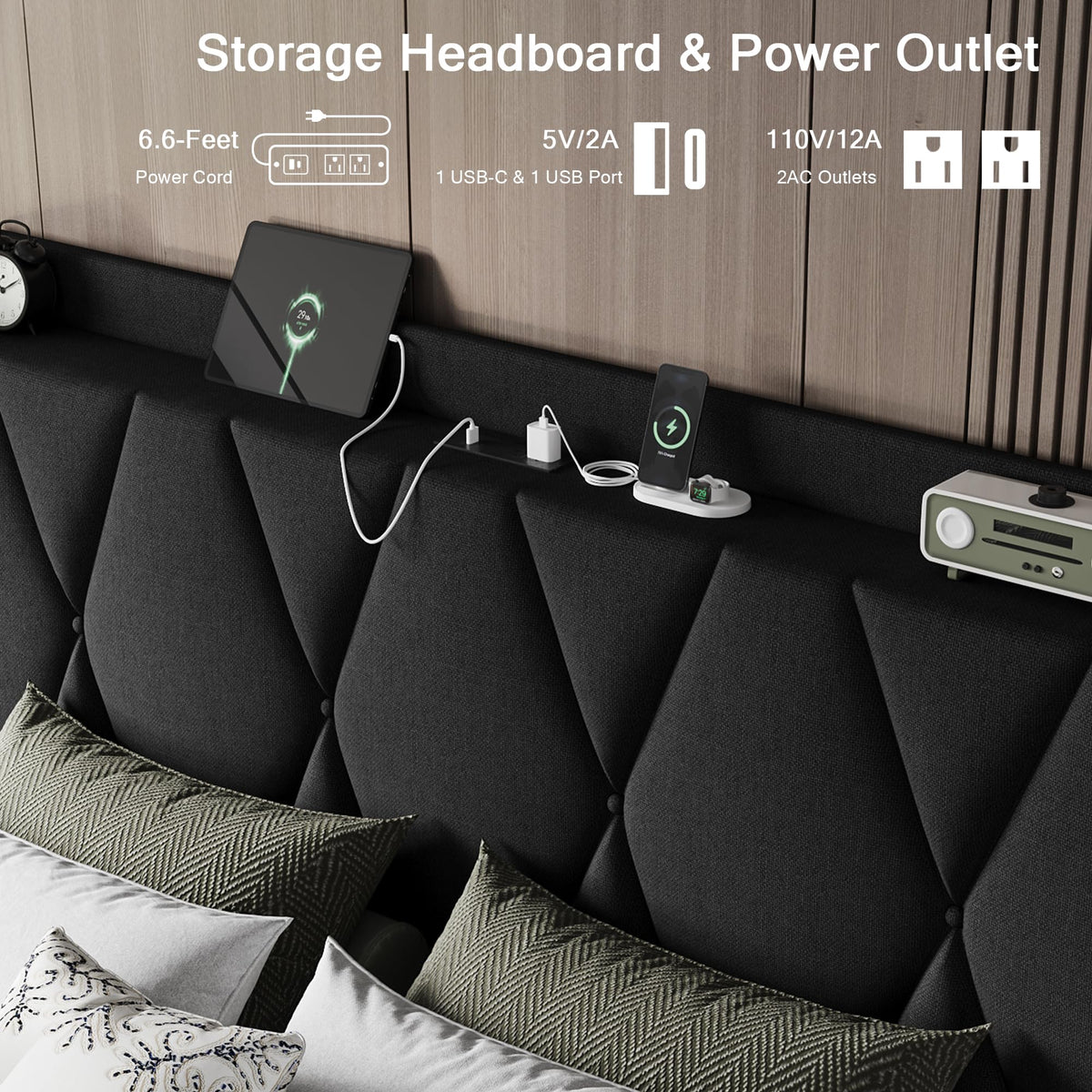 Queen Bed Frame with 4 Storage Drawers and Charging Station Q858550