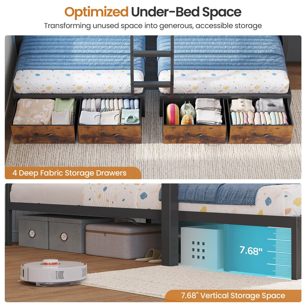 Black Triple Bunk Bed with 8 Storage Drawers and Stair U27831