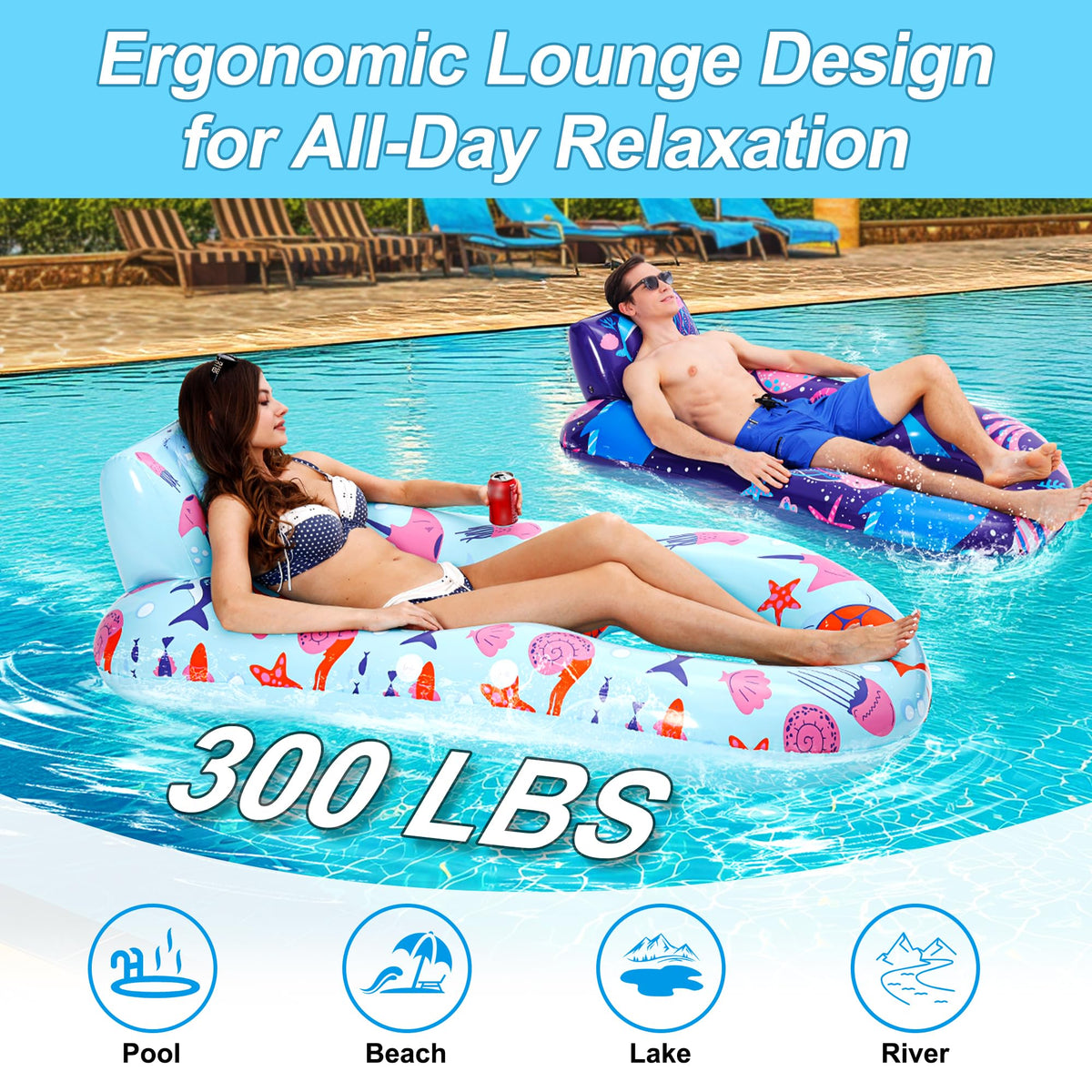 4 Pack Inflatable Pool Lounger with Cup Holder C219