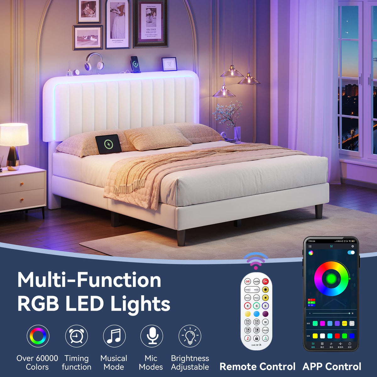 White Velvet Upholstered Full Size Platform Bed Frame with Charging Station H221