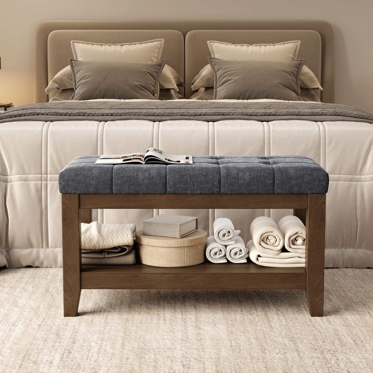 Dark Gray Rubber Wood Chenille Upholstered Shoe Bench L26792