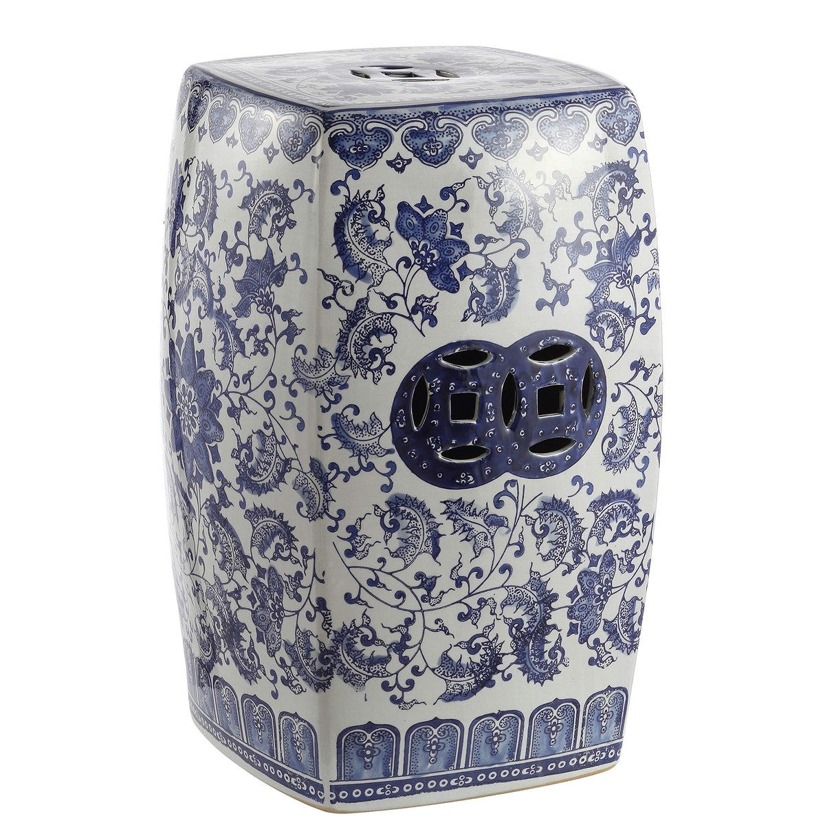 Blue White Ceramic Square Garden Stool U324362