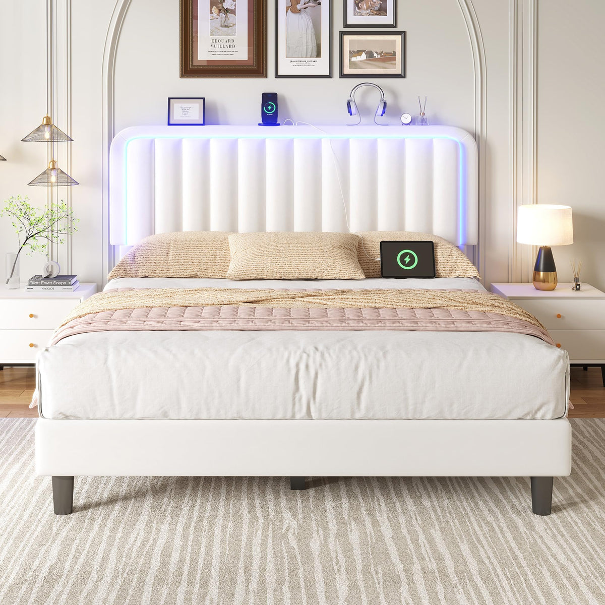 White Velvet Upholstered Full Size Platform Bed Frame with Charging Station H221