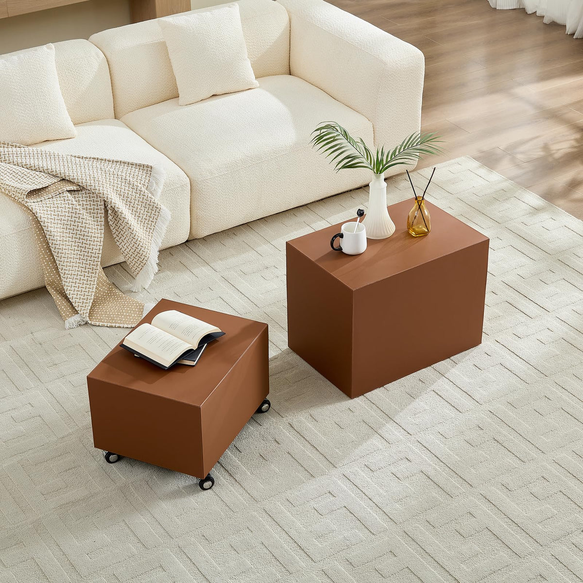 Brown Rolling Leather Coffee Table Set of 2 N574