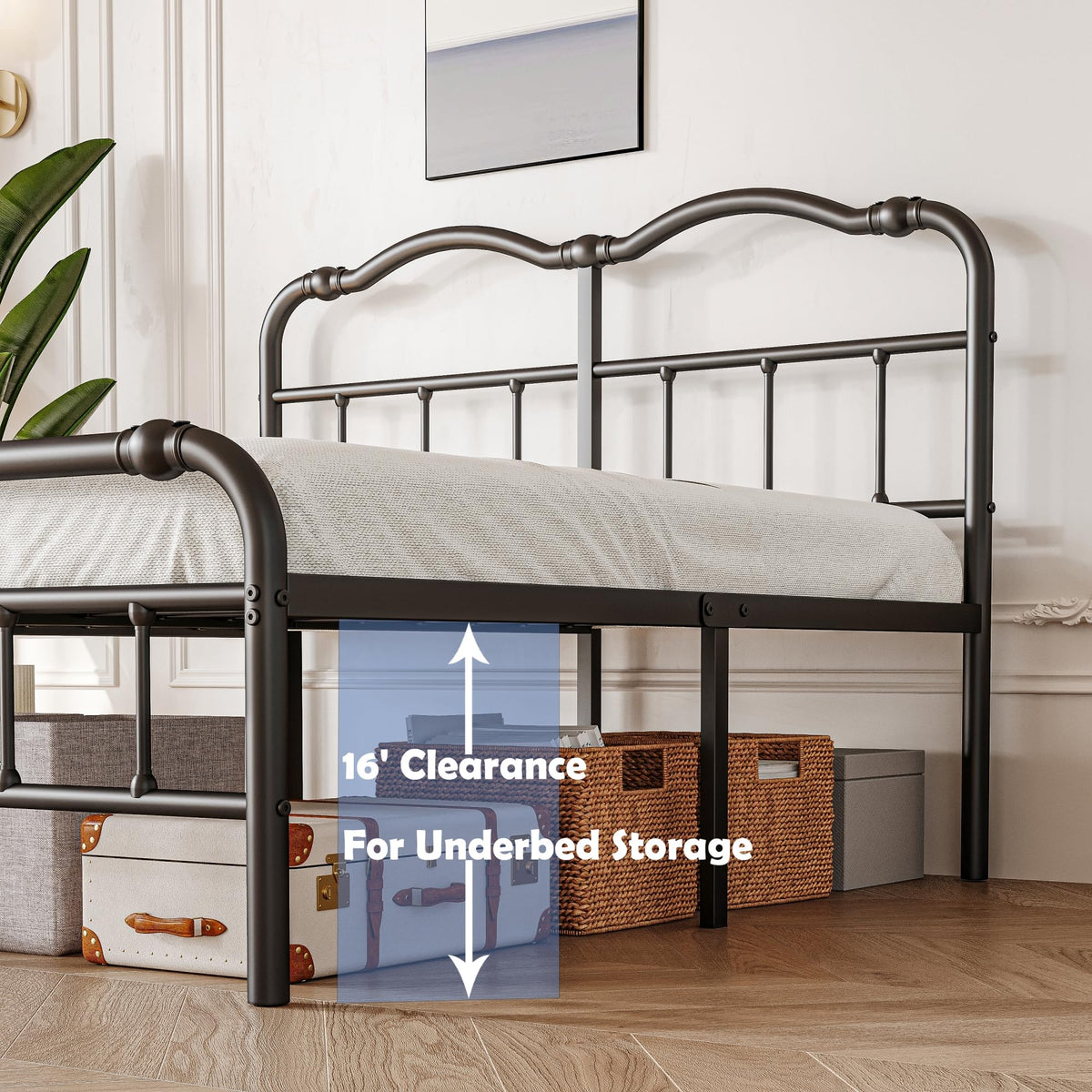 Queen Size Black Metal Platform Bed Frame with Headboard E70812