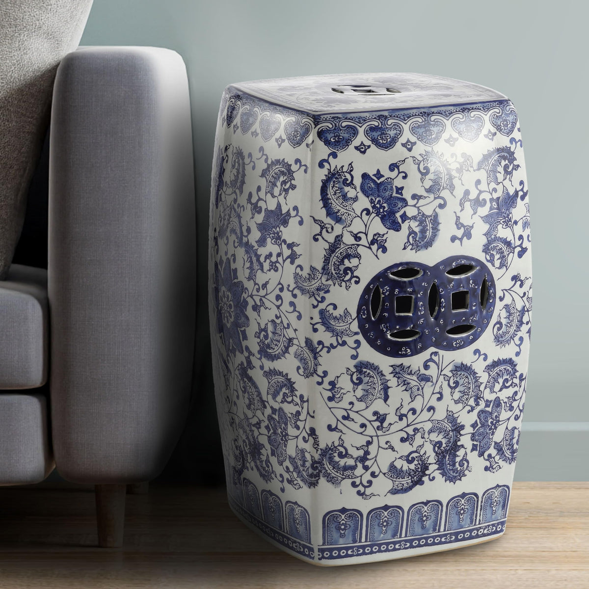 Blue White Ceramic Square Garden Stool U324362
