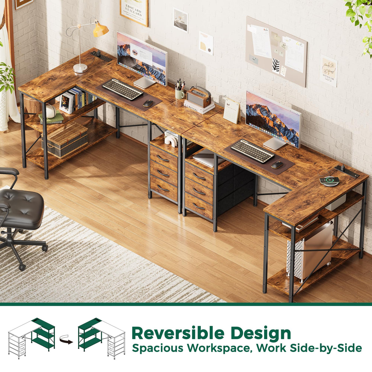 L Shaped Office Desk with Power Outlets & 3 Drawers E2965