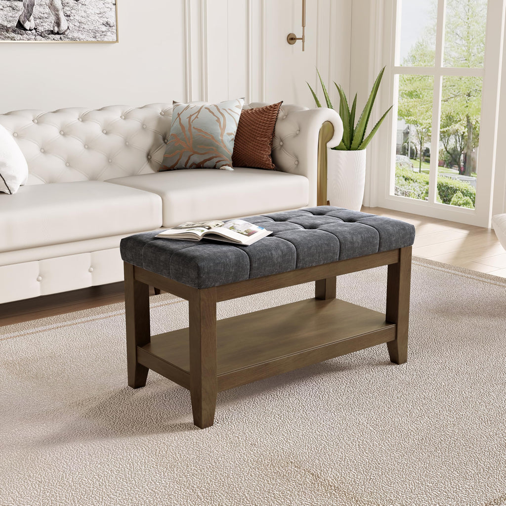 Dark Gray Rubber Wood Chenille Upholstered Shoe Bench L26792