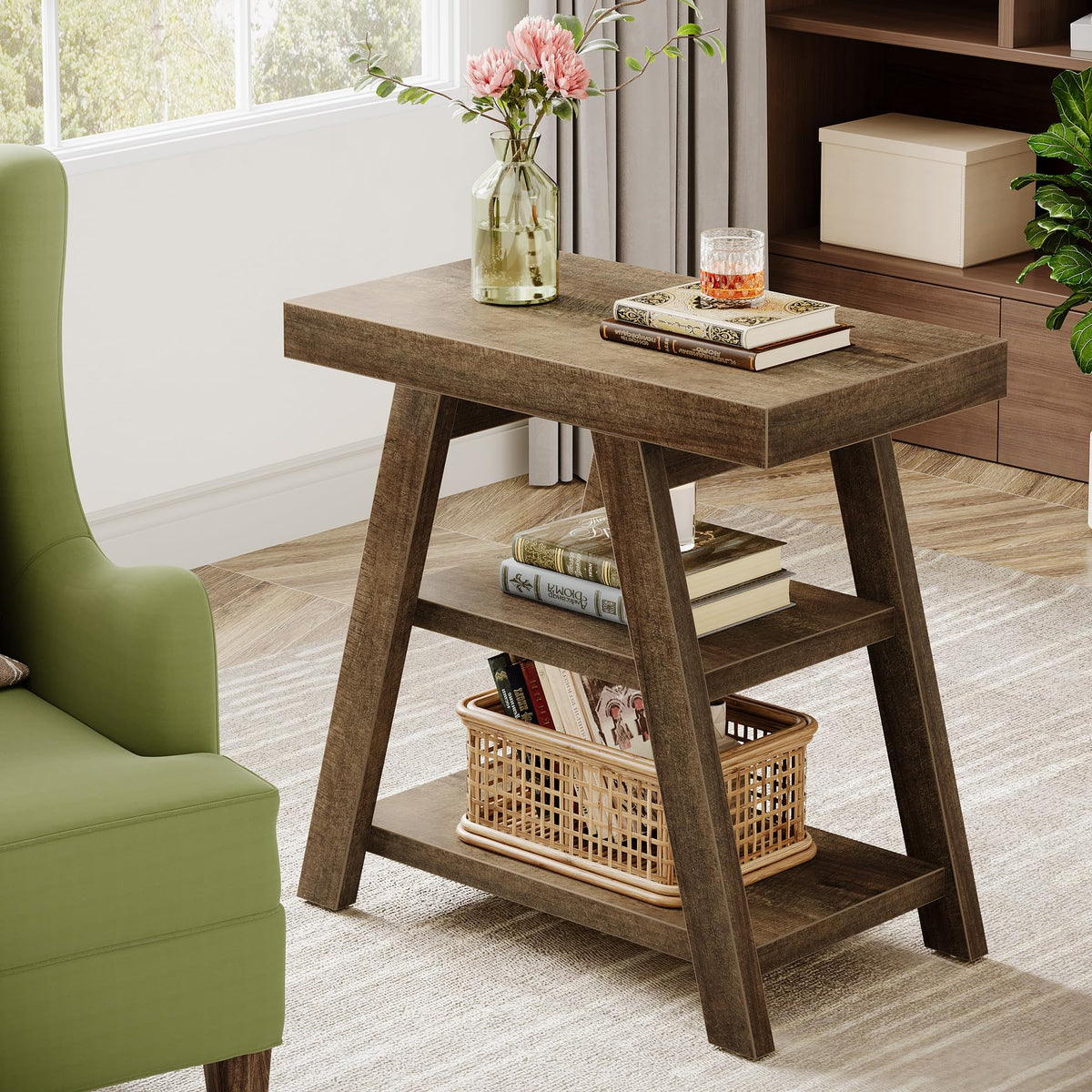 3-Tier Wooden Sofa Side Table with Trapezoid Legs Z24666