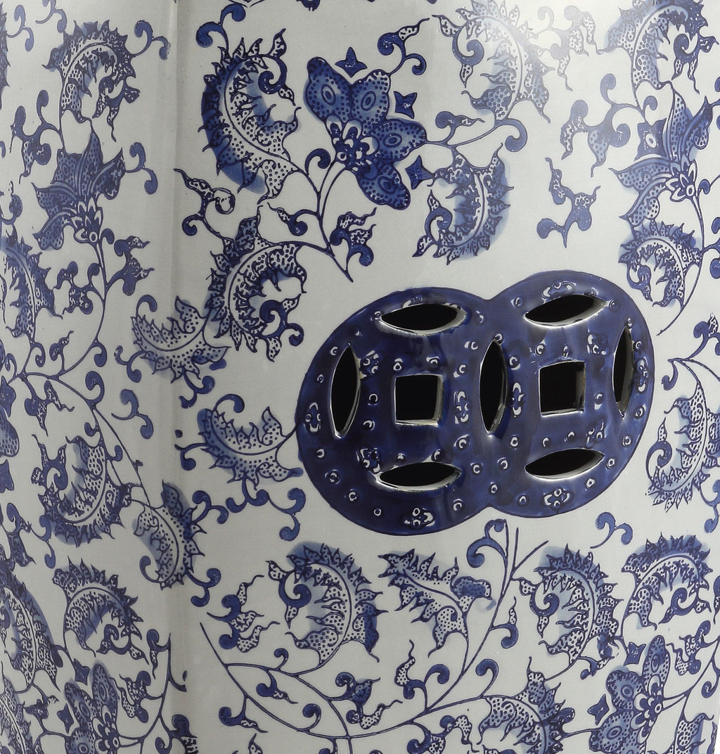 Blue White Ceramic Square Garden Stool U324362