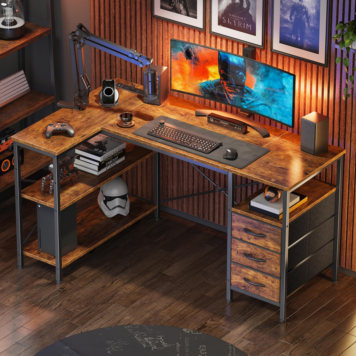 L Shaped Office Desk with Power Outlets & 3 Drawers E2965