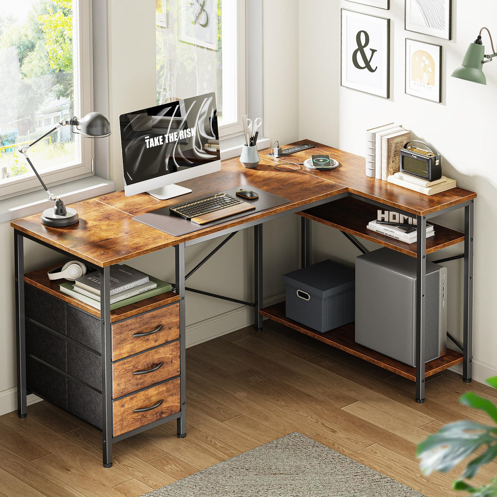 L Shaped Office Desk with Power Outlets & 3 Drawers E2965