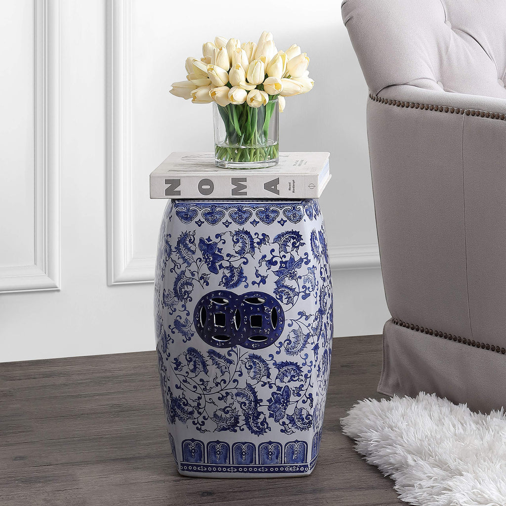 Blue White Ceramic Square Garden Stool U324362